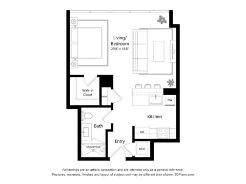 Floor plan for studio, 1 bath, 596 sqft